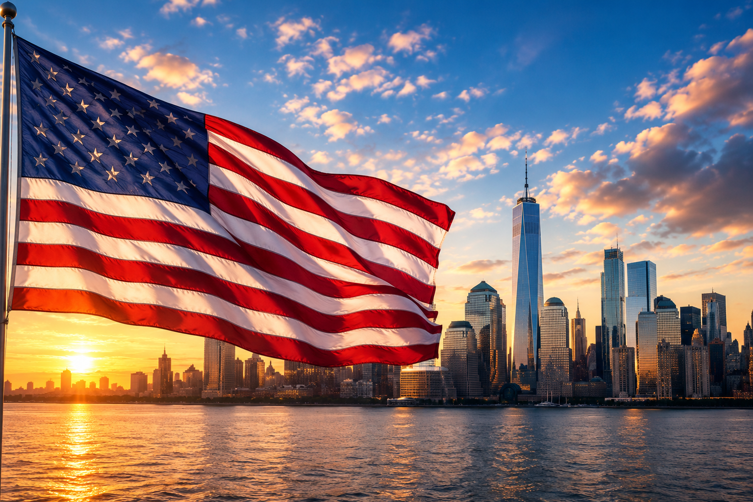 USA flag and New York skyline